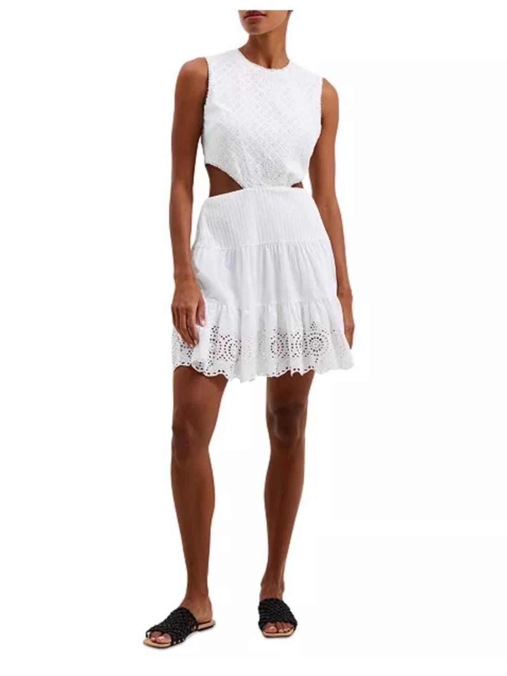 French Connection White Eyelet Cutout Mini Dress Organic Cotton Sleeveless Sz 6
